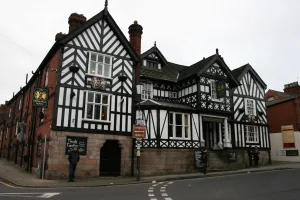 The Lion and Swan Hotel, Congleton, Cheshire, UK. A black and white tudor style building